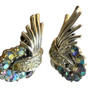 Vintage Coro Silver Tone Aurora Borealis Crystal Clip-on Earrings